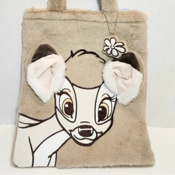 Disney Parks Bag Tote Fuzzy Bambi Print With Magnetic Clasp & Flower Charm NWT - Picture 3 of 5